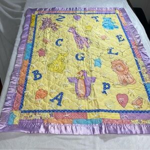 Yellow Baby Crib Blanket Quilt Noah’s Ark Animals & Alphabet W/Satin Edges